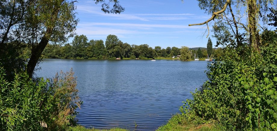 Blick zwischen zwei Bäumen und Hecken auf einen See. Im Hintergrund das andere Ufer mit vielen Bäumen und ein blauer Himmel mit Schleierwolken. Auf dem See sind weit hinten kleine weiße Boote zu erkennen.