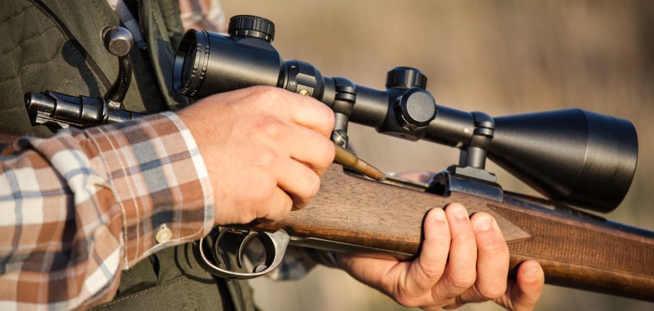 Zwei männliche Hände eines Jägers halten eine Waffe, für die man einen Waffenschein braucht. 