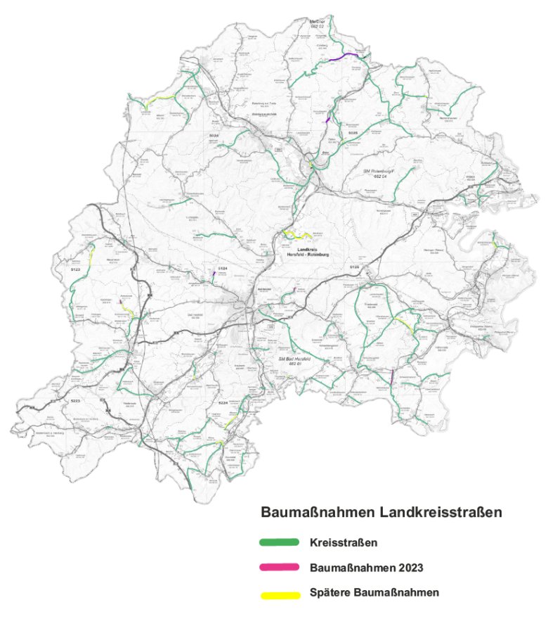 Karte der Kreisstraßen in Hersfeld-Rotenburg mit Baumaßnahmen 2023