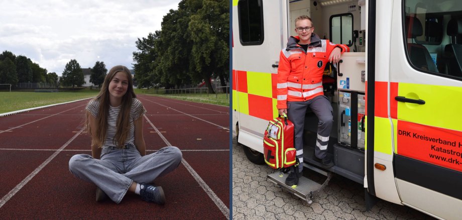 Auf der linken Seite des Bildes sitzt ein Mädchen auf der Laufbahn in einem Leichtathletik-Stadion. Auf der rechten Seite steht ein Junge in der Tür eines Krankenwagens. Beide schauen in die Kamera.